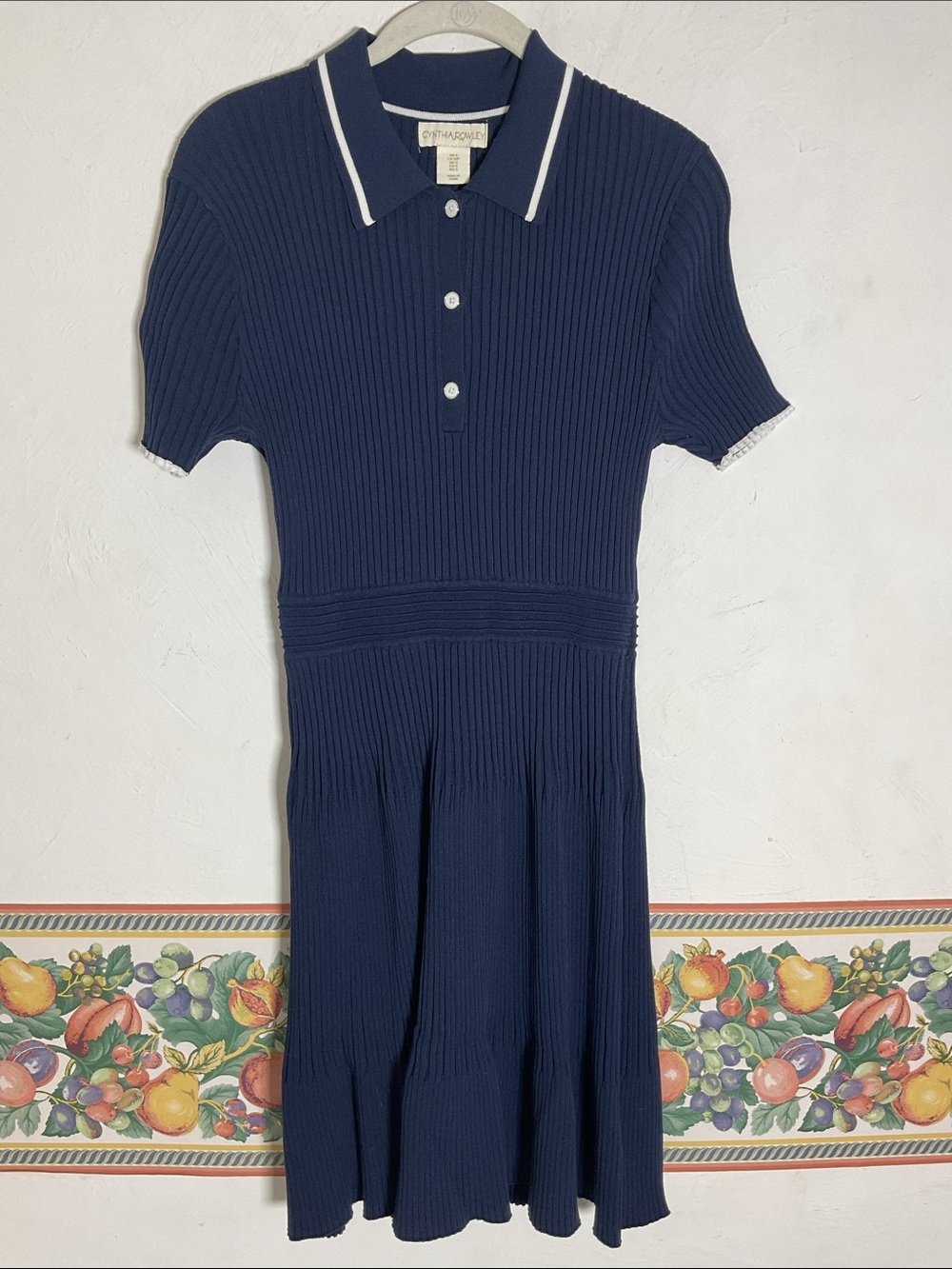 Cynthia Rowley Navy Blue Ribbed Polo Sweater Dress White Trim Size S